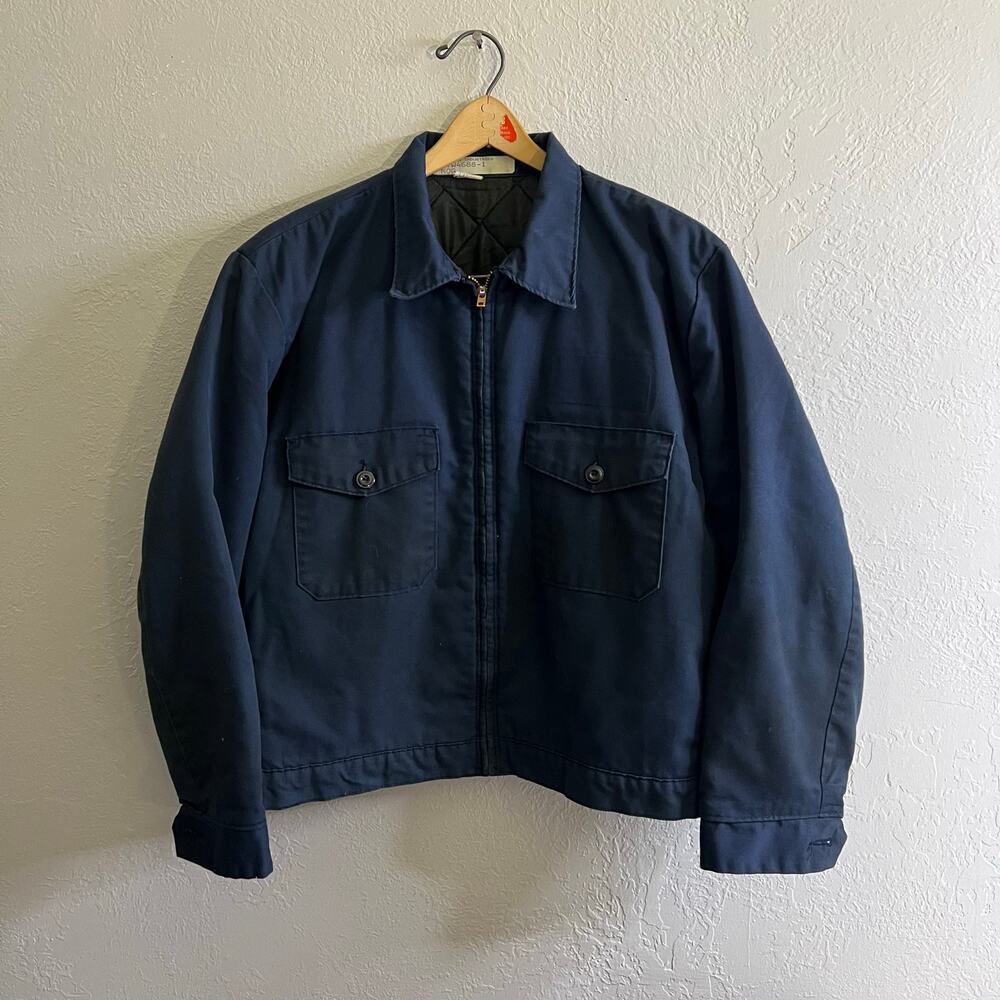 Vintage Cintas Insulated Work Jacket Navy Blue Durable Press Talon Zip USA Large